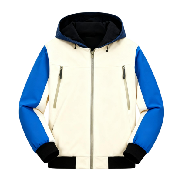Cream & Blue Color-Block Hooded Jacket