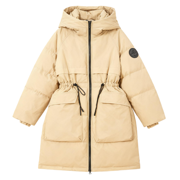 Beige Drawstring Waist Long Puffer Coat