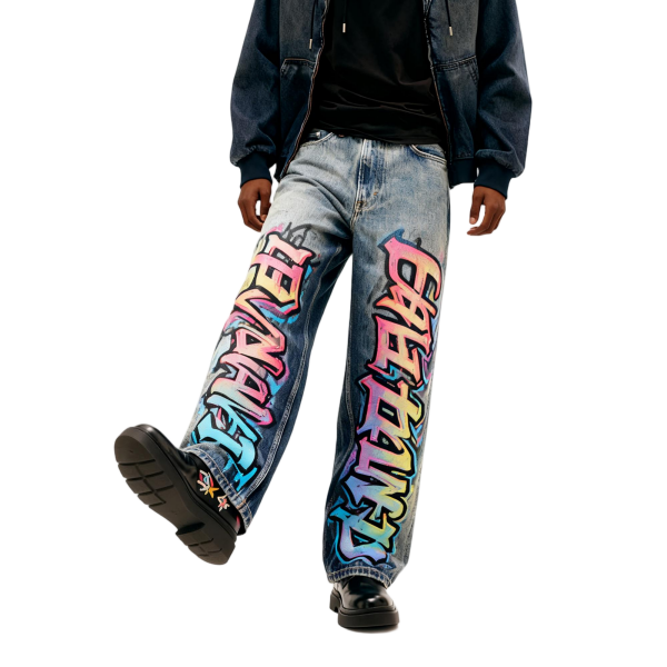 Graffiti Letter Print Oversized Denim Jeans